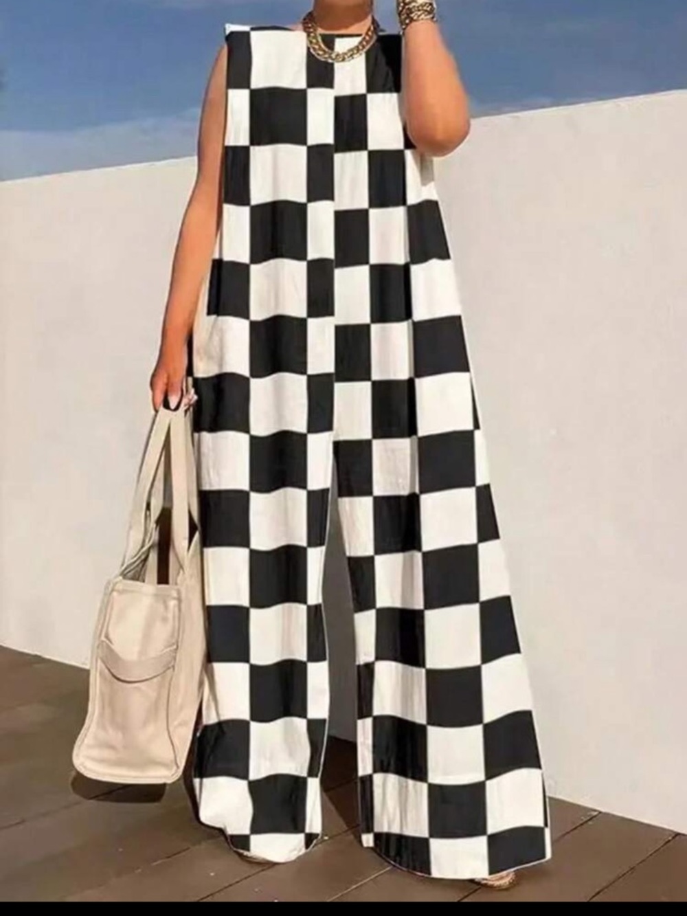 SHEIN Black & White Checkerboard Wide-Leg Jumpsuit